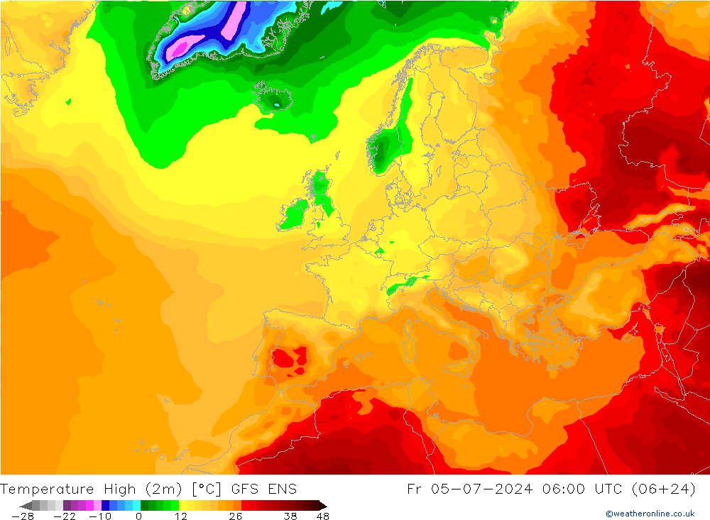 Temperature High (2m) GFS ENS 星期五 05.07.2024 06 UTC