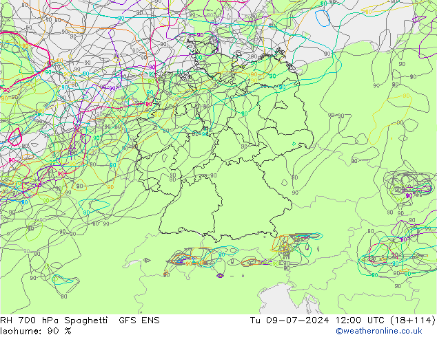 RV 700 hPa Spaghetti GFS ENS di 09.07.2024 12 UTC