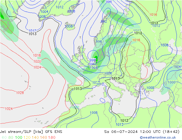 高速氣流/地面气压 GFS ENS 星期六 06.07.2024 12 UTC
