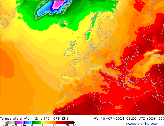 Temperature High (2m) GFS ENS 星期三 10.07.2024 06 UTC