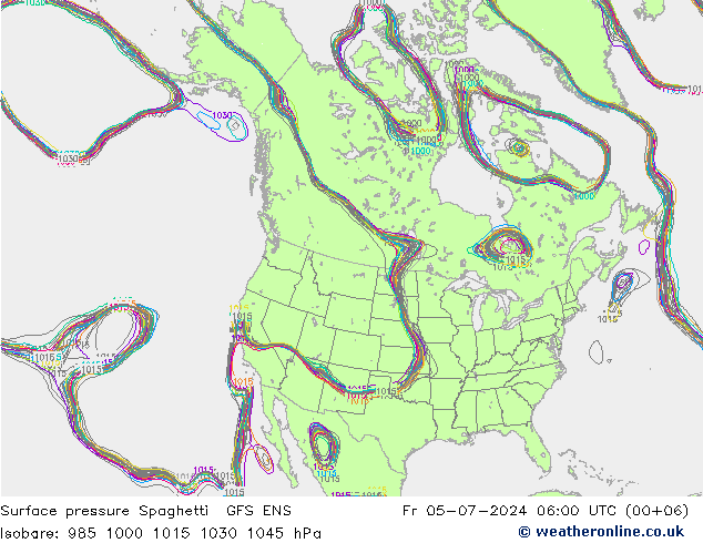 地面气压 Spaghetti GFS ENS 星期五 05.07.2024 06 UTC