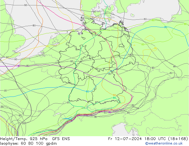 Hoogte/Temp. 925 hPa GFS ENS vr 12.07.2024 18 UTC