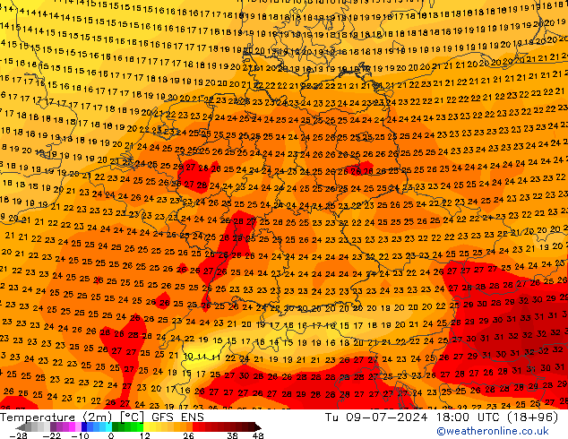 Temperatuurkaart (2m) GFS ENS di 09.07.2024 18 UTC