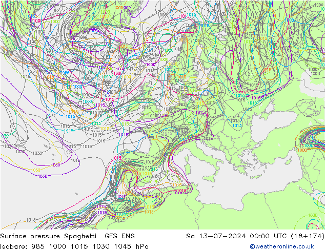 Luchtdruk op zeeniveau Spaghetti GFS ENS za 13.07.2024 00 UTC