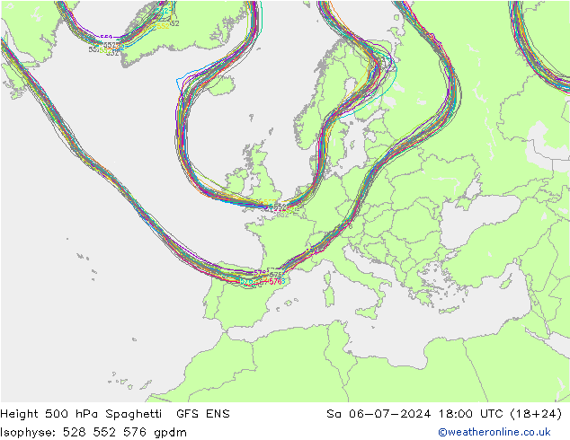 Hoogte 500 hPa Spaghetti GFS ENS za 06.07.2024 18 UTC