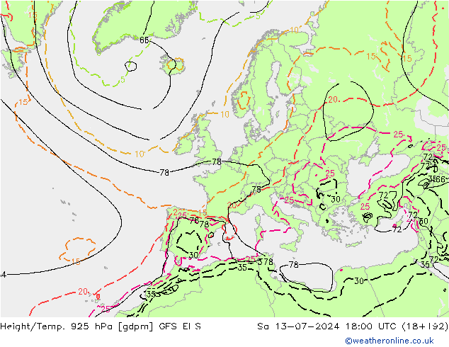 Hoogte/Temp. 925 hPa GFS ENS za 13.07.2024 18 UTC