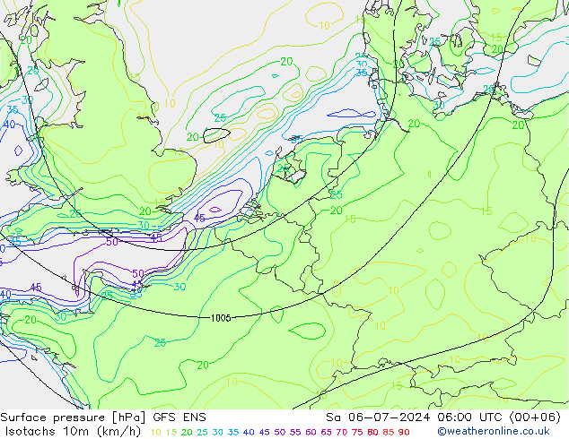 10米等风速线 (kph) GFS ENS 星期六 06.07.2024 06 UTC