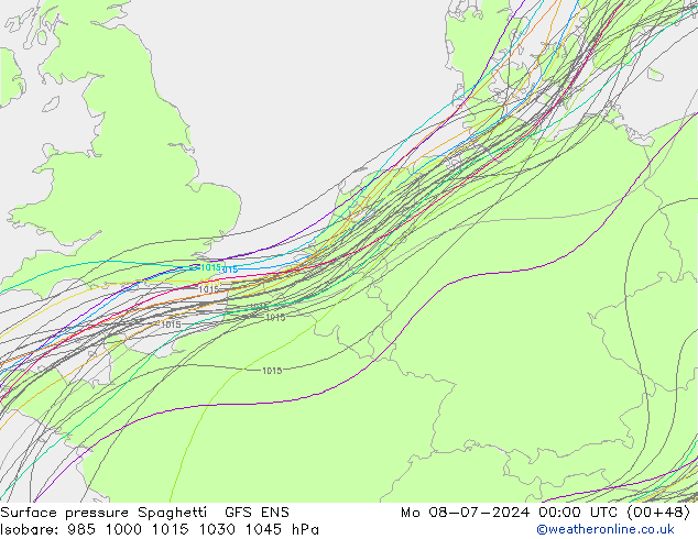 Luchtdruk op zeeniveau Spaghetti GFS ENS ma 08.07.2024 00 UTC