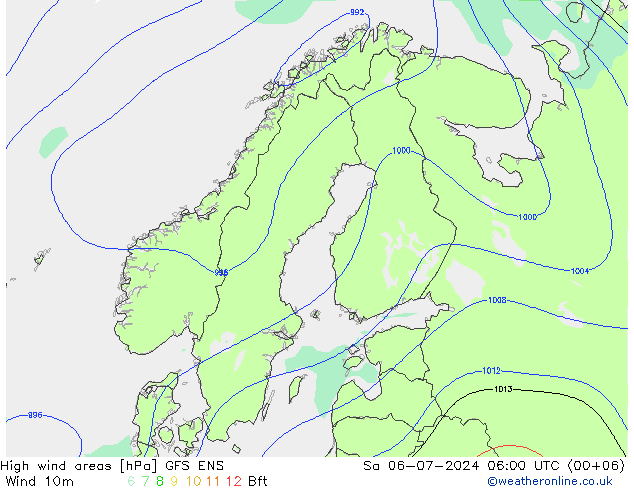High wind areas GFS ENS 星期六 06.07.2024 06 UTC