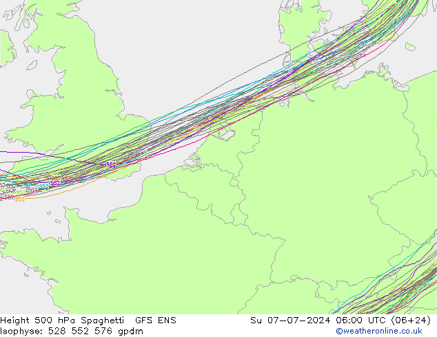 Height 500 hPa Spaghetti GFS ENS 星期日 07.07.2024 06 UTC