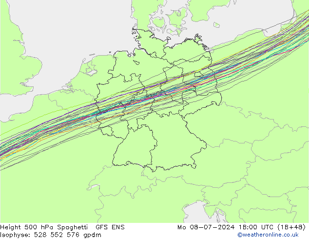 Height 500 hPa Spaghetti GFS ENS 星期一 08.07.2024 18 UTC