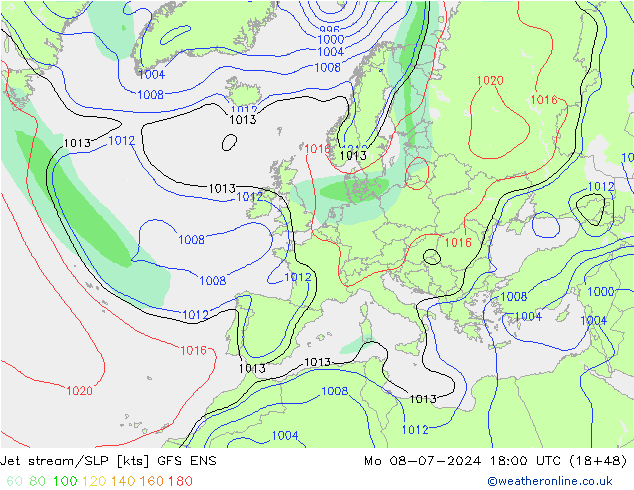 高速氣流/地面气压 GFS ENS 星期一 08.07.2024 18 UTC