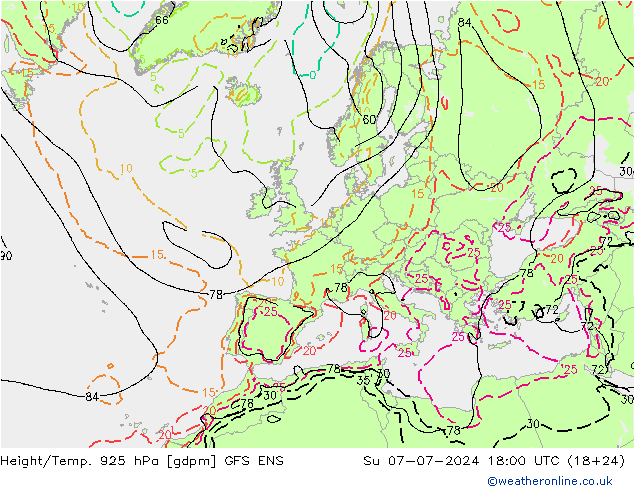 Hoogte/Temp. 925 hPa GFS ENS zo 07.07.2024 18 UTC