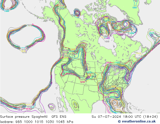 Luchtdruk op zeeniveau Spaghetti GFS ENS zo 07.07.2024 18 UTC