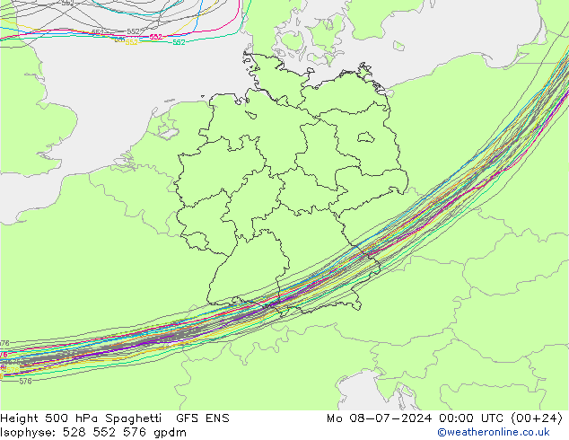 Height 500 hPa Spaghetti GFS ENS 星期一 08.07.2024 00 UTC