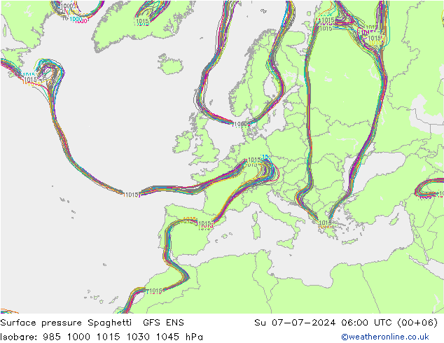 Luchtdruk op zeeniveau Spaghetti GFS ENS zo 07.07.2024 06 UTC
