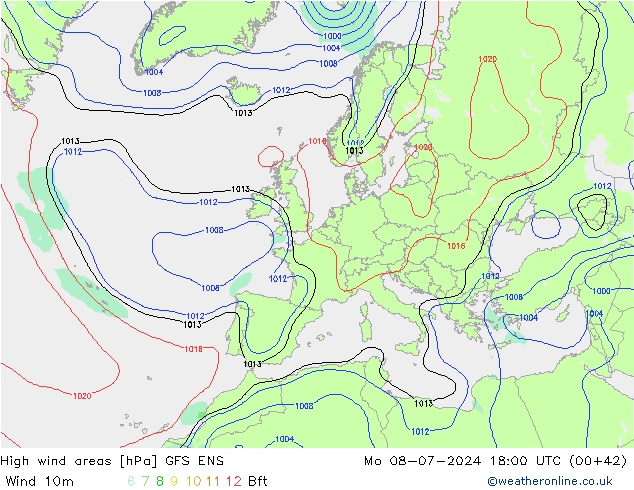 High wind areas GFS ENS 星期一 08.07.2024 18 UTC