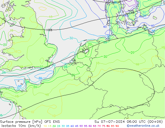 Isotachen (km/h) GFS ENS zo 07.07.2024 06 UTC