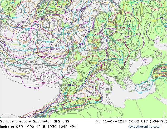 地面气压 Spaghetti GFS ENS 星期一 15.07.2024 06 UTC