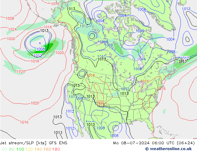 高速氣流/地面气压 GFS ENS 星期一 08.07.2024 06 UTC