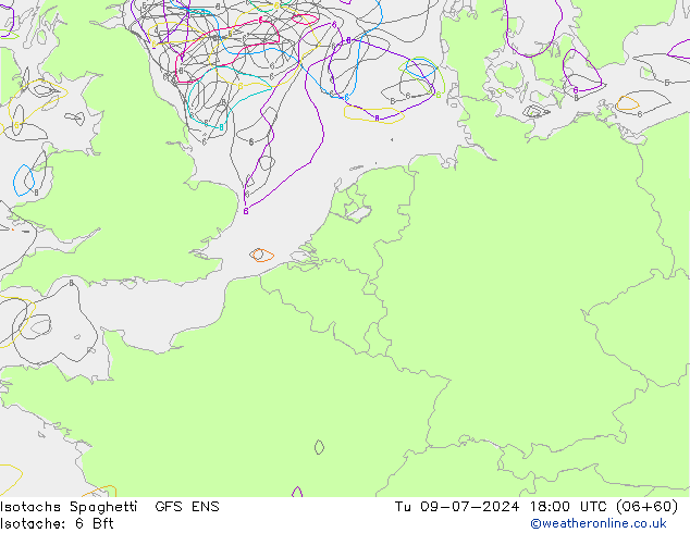 Isotachen Spaghetti GFS ENS di 09.07.2024 18 UTC