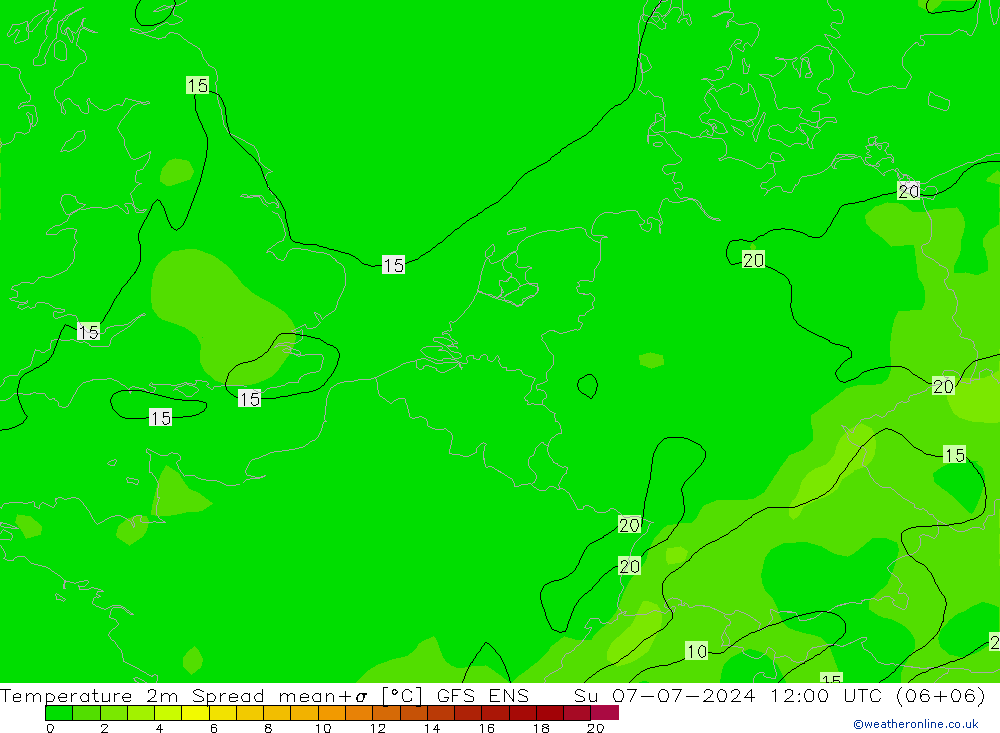 Temperatuurkaart Spread GFS ENS zo 07.07.2024 12 UTC