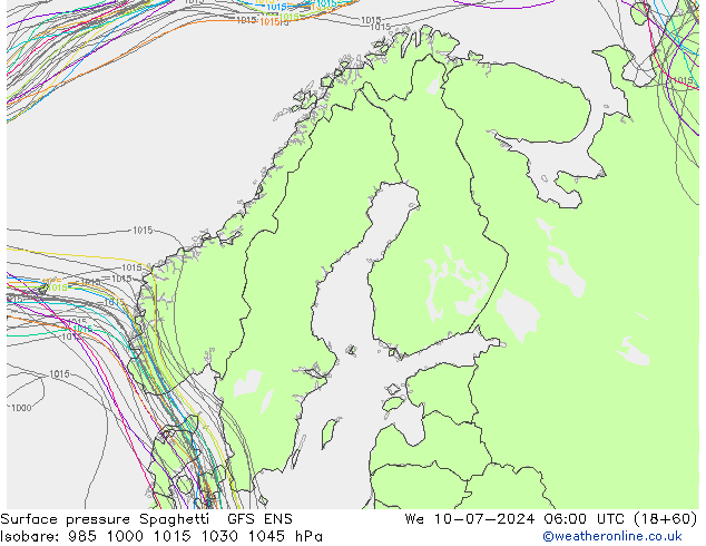 地面气压 Spaghetti GFS ENS 星期三 10.07.2024 06 UTC