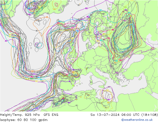 Hoogte/Temp. 925 hPa GFS ENS za 13.07.2024 06 UTC