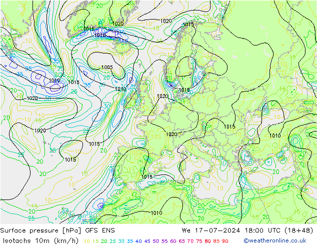 10米等风速线 (kph) GFS ENS 星期三 17.07.2024 18 UTC