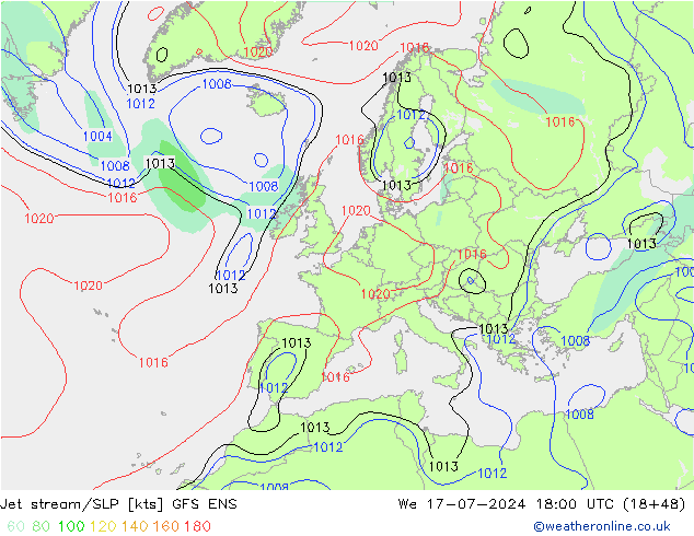 高速氣流/地面气压 GFS ENS 星期三 17.07.2024 18 UTC