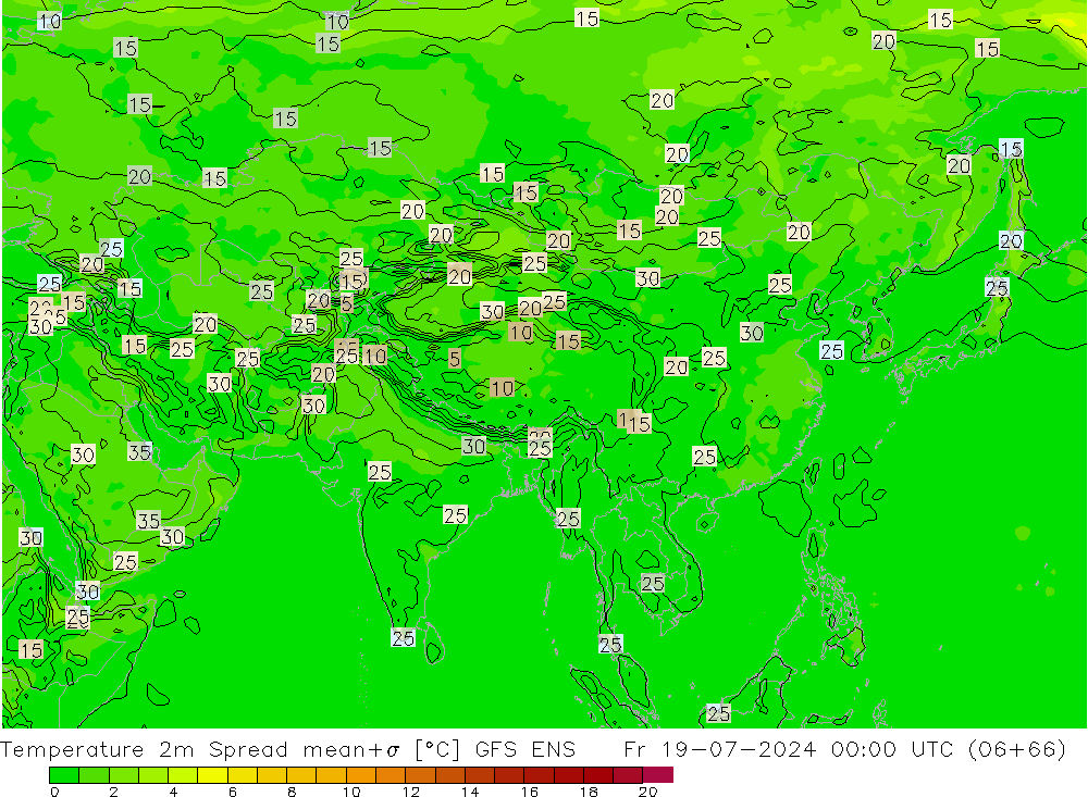 Temperatuurkaart Spread GFS ENS vr 19.07.2024 00 UTC