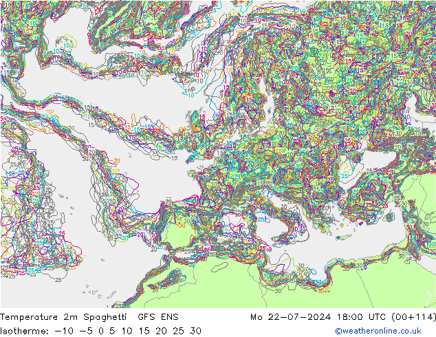 Temperatuurkaart Spaghetti GFS ENS ma 22.07.2024 18 UTC