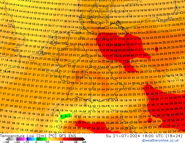 Temperature Low (2m) GFS ENS 星期日 21.07.2024 18 UTC