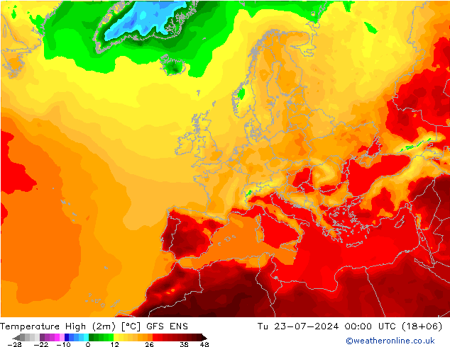 Max.temperatuur (2m) GFS ENS di 23.07.2024 00 UTC