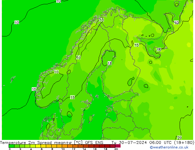 Temperatuurkaart Spread GFS ENS di 30.07.2024 06 UTC