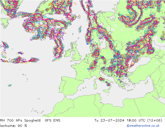 RV 700 hPa Spaghetti GFS ENS di 23.07.2024 18 UTC