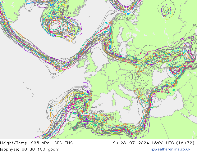 Hoogte/Temp. 925 hPa GFS ENS zo 28.07.2024 18 UTC