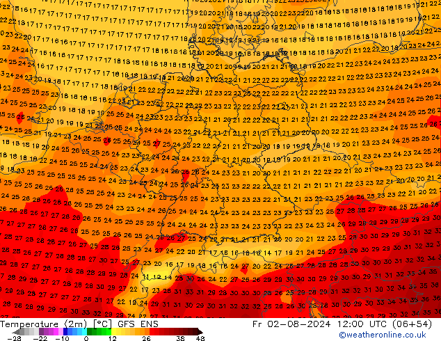 Temperatuurkaart (2m) GFS ENS vr 02.08.2024 12 UTC