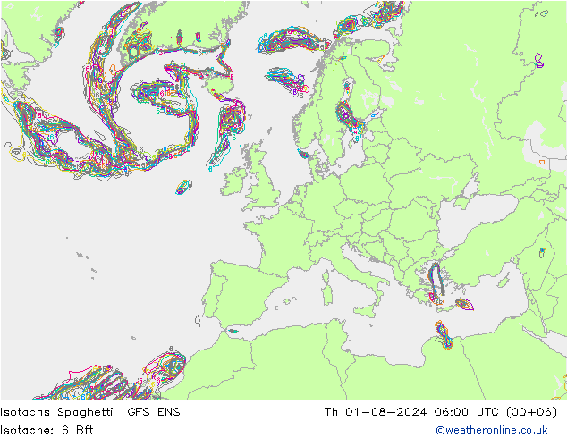 Isotachs Spaghetti GFS ENS 星期四 01.08.2024 06 UTC