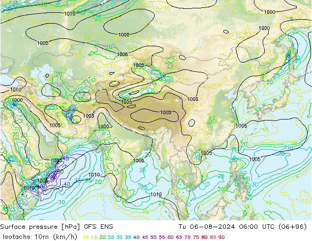 Isotachen (km/h) GFS ENS di 06.08.2024 06 UTC