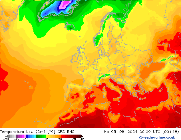 Min.temperatuur (2m) GFS ENS ma 05.08.2024 00 UTC