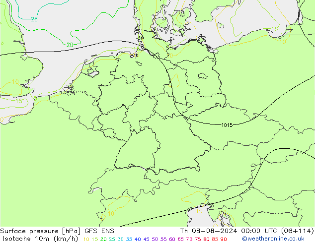 10米等风速线 (kph) GFS ENS 星期四 08.08.2024 00 UTC