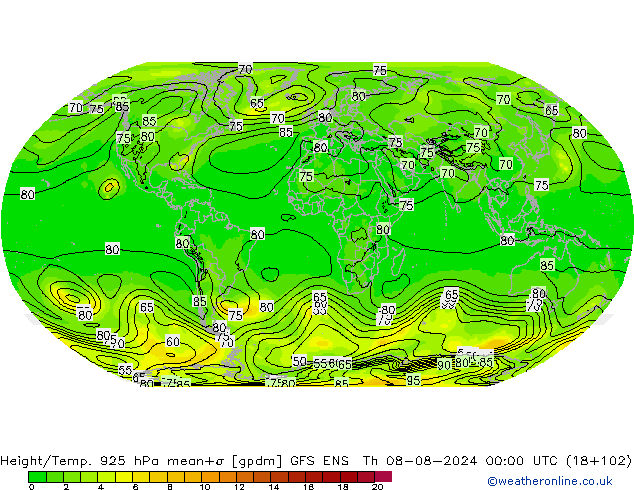 Hoogte/Temp. 925 hPa GFS ENS do 08.08.2024 00 UTC