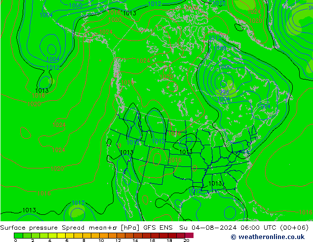 Luchtdruk op zeeniveau Spread GFS ENS zo 04.08.2024 06 UTC