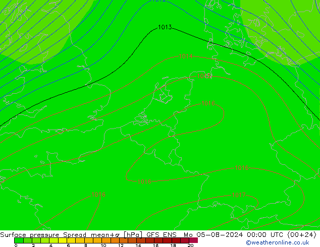 地面气压 Spread GFS ENS 星期一 05.08.2024 00 UTC