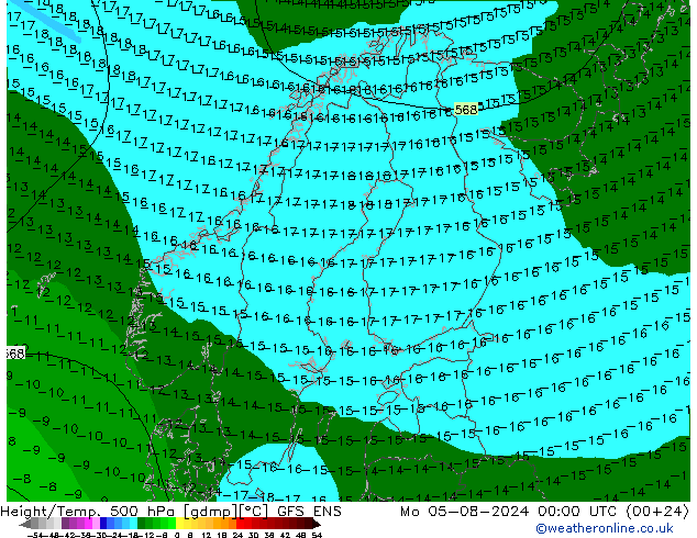 Hoogte/Temp. 500 hPa GFS ENS ma 05.08.2024 00 UTC