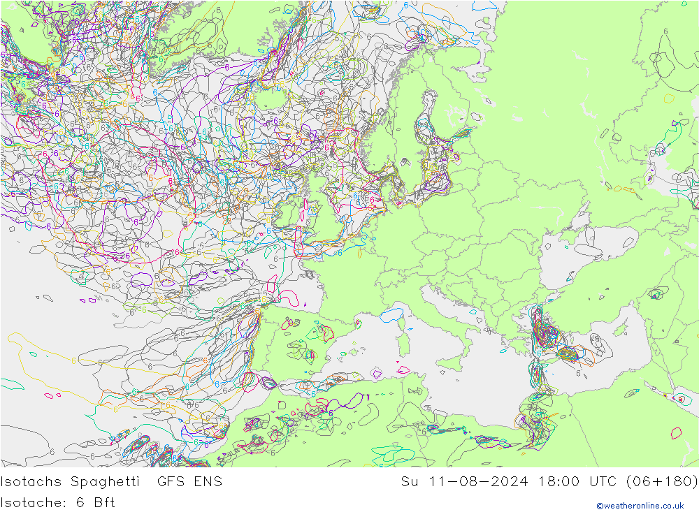 Isotachs Spaghetti GFS ENS 星期日 11.08.2024 18 UTC