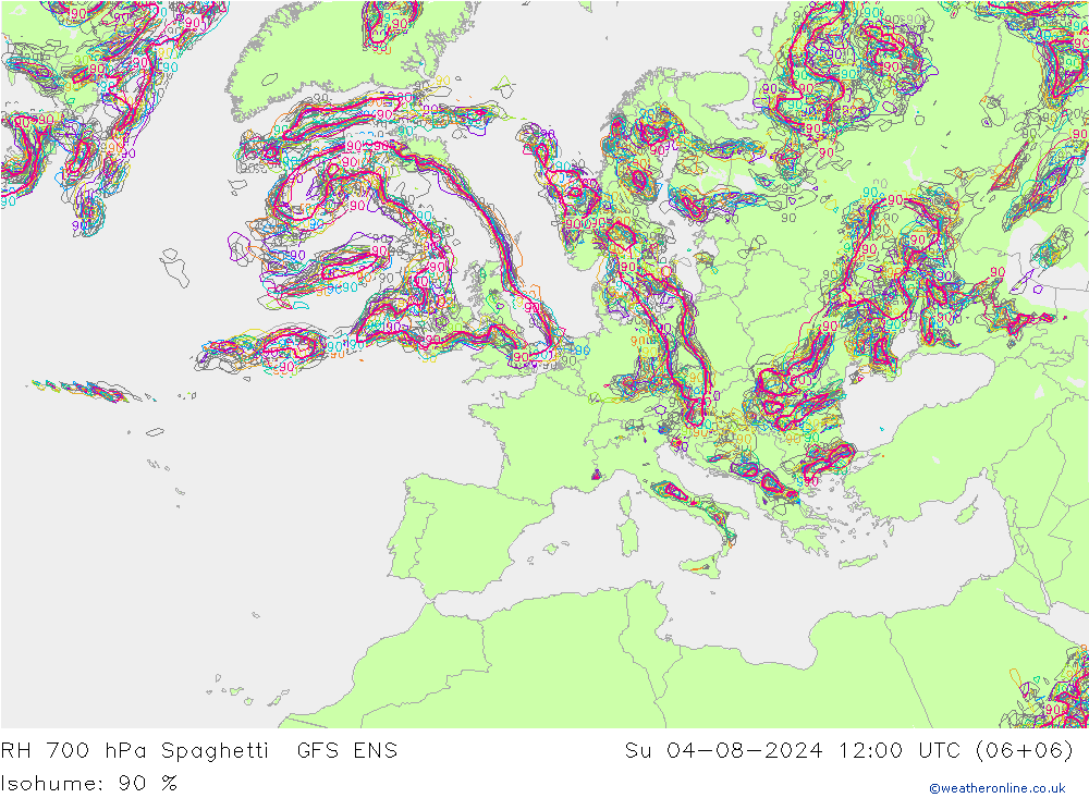 RV 700 hPa Spaghetti GFS ENS zo 04.08.2024 12 UTC