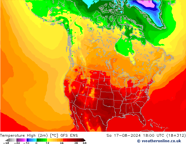 Temperature High (2m) GFS ENS 星期六 17.08.2024 18 UTC