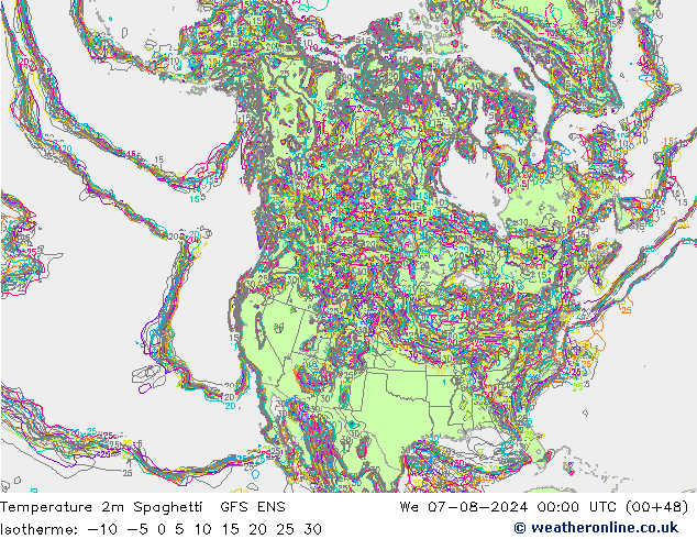 Temperatuurkaart Spaghetti GFS ENS wo 07.08.2024 00 UTC
